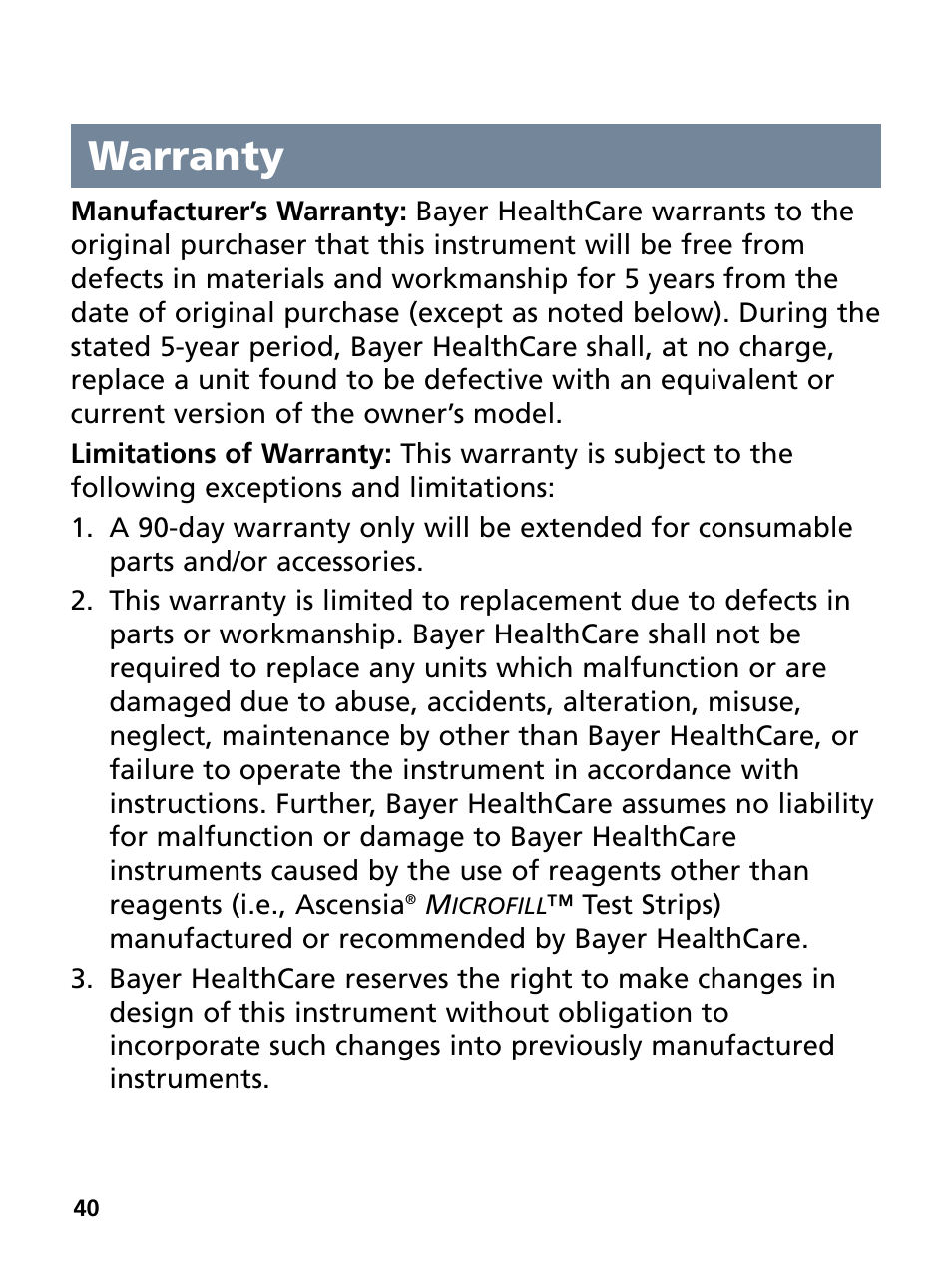 Warranty | Bayer HealthCare Ascensia Contour Blood Glucose Monitoring System User Manual | Page 44 / 46