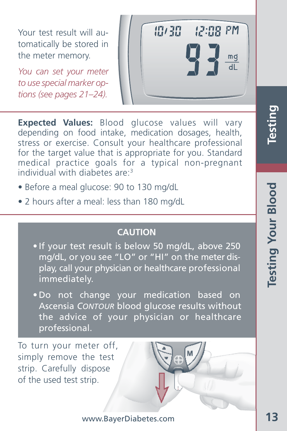 Testing 13, Testing y our blood | Bayer HealthCare CONTOUR Blood Glucose Meter and Ascensia CONTOURTM Test Strips User Manual | Page 15 / 43