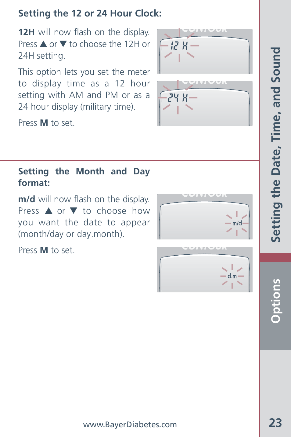Options 23, Setting the date, time, and sound | Bayer HealthCare CONTOUR Blood Glucose Meter and Ascensia CONTOURTM Test Strips User Manual | Page 25 / 43