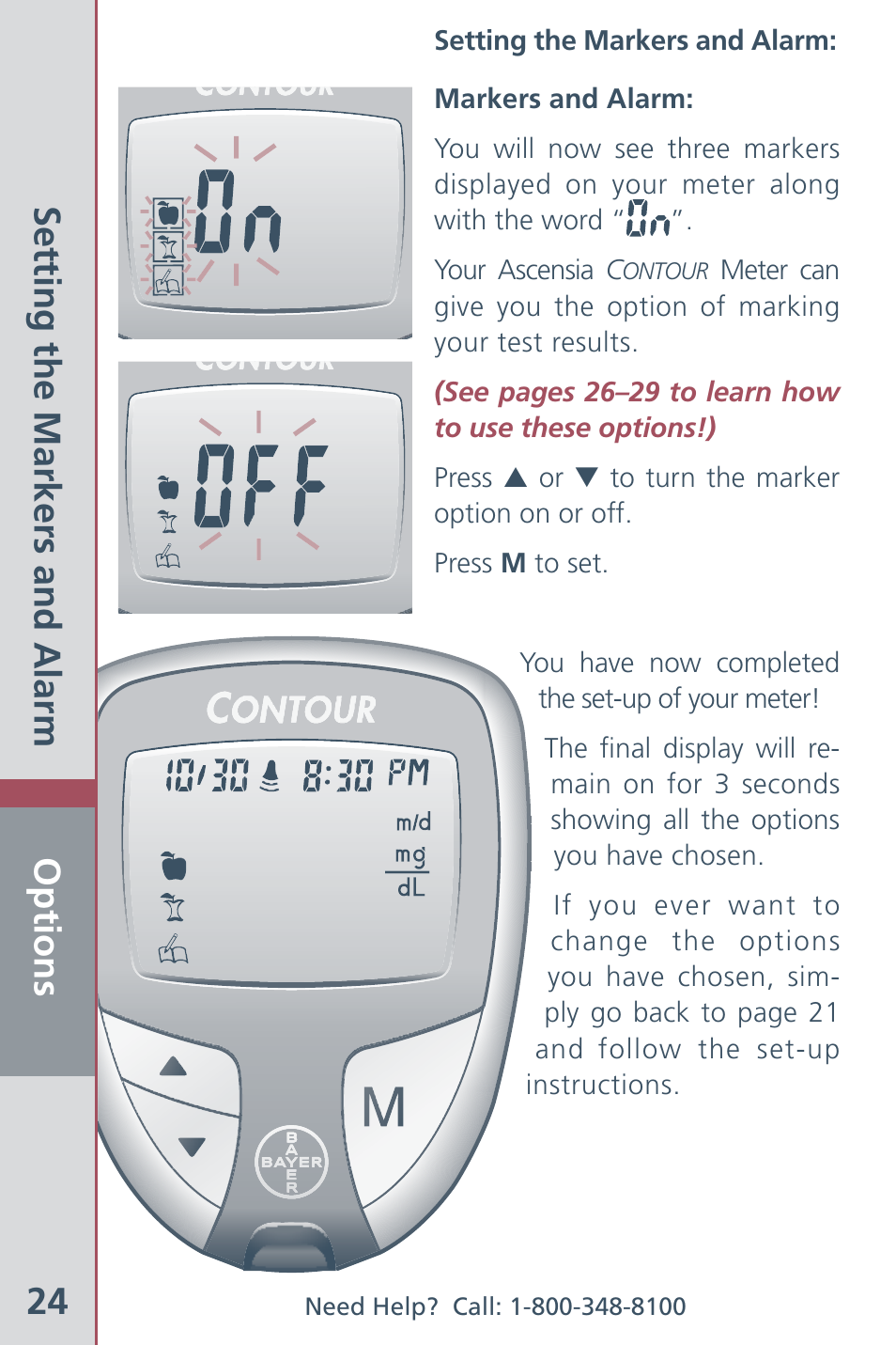 Options 24, Setting the markers and alarm | Bayer HealthCare CONTOUR Blood Glucose Meter and Ascensia CONTOURTM Test Strips User Manual | Page 26 / 43