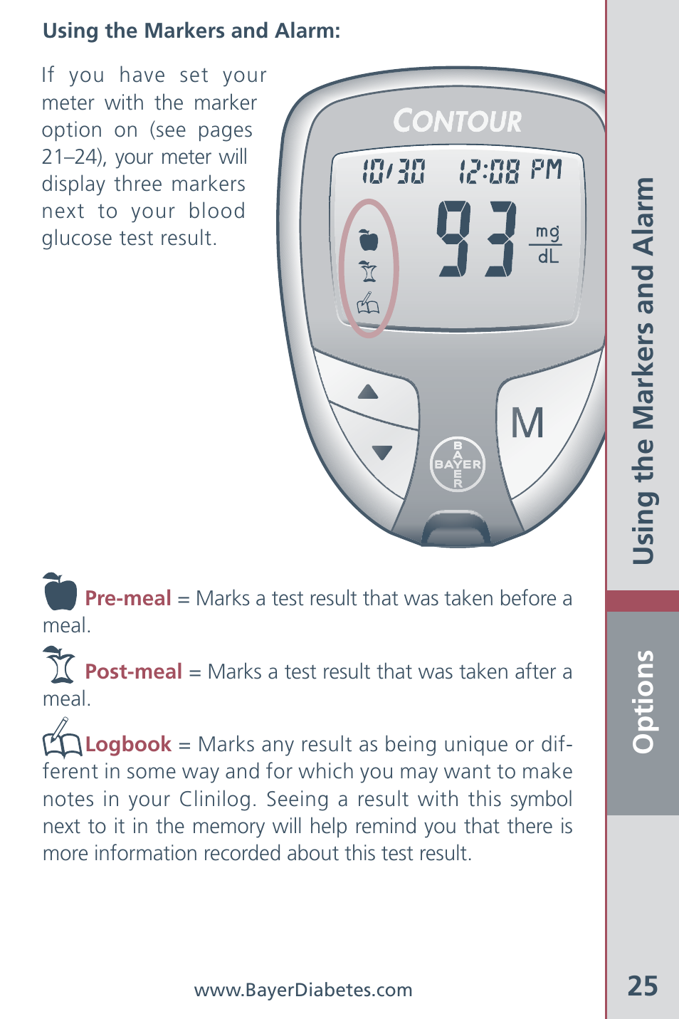 Options 25, Using the markers and alarm | Bayer HealthCare CONTOUR Blood Glucose Meter and Ascensia CONTOURTM Test Strips User Manual | Page 27 / 43
