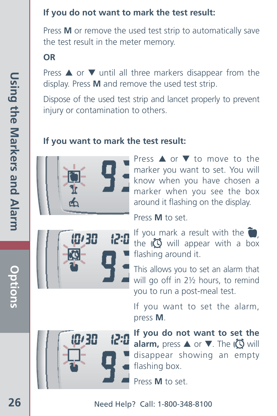 Options 26, Using the markers and alarm | Bayer HealthCare CONTOUR Blood Glucose Meter and Ascensia CONTOURTM Test Strips User Manual | Page 28 / 43