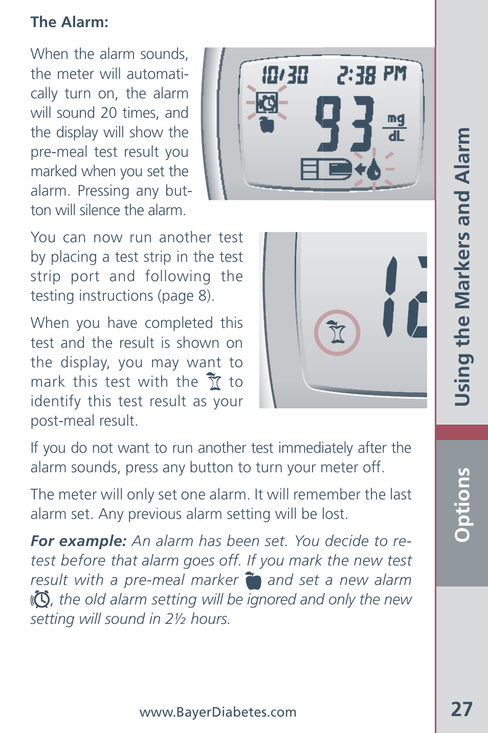 Options 27, Using the markers and alarm | Bayer HealthCare CONTOUR Blood Glucose Meter and Ascensia CONTOURTM Test Strips User Manual | Page 29 / 43