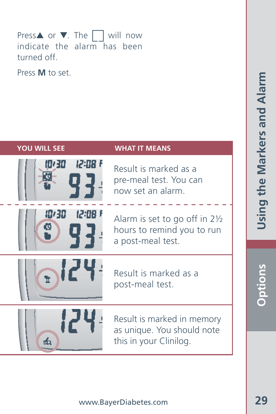 Options 29, Using the markers and alarm | Bayer HealthCare CONTOUR Blood Glucose Meter and Ascensia CONTOURTM Test Strips User Manual | Page 31 / 43