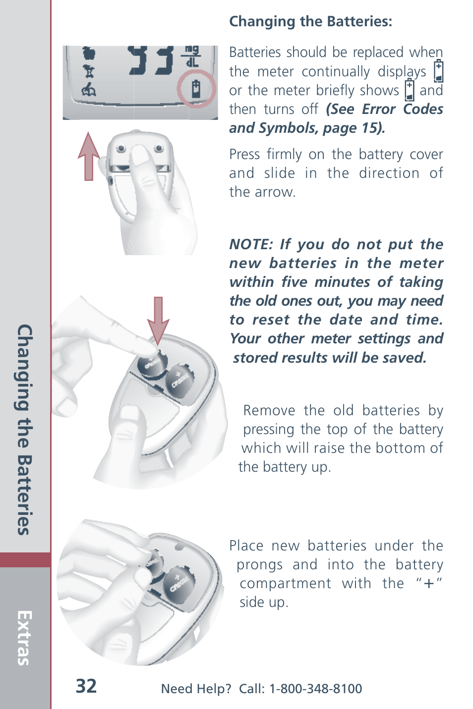 Extras 32, Changing the batteries | Bayer HealthCare CONTOUR Blood Glucose Meter and Ascensia CONTOURTM Test Strips User Manual | Page 34 / 43