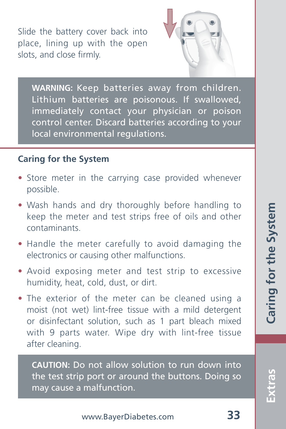 Extras 33, Caring for the system | Bayer HealthCare CONTOUR Blood Glucose Meter and Ascensia CONTOURTM Test Strips User Manual | Page 35 / 43