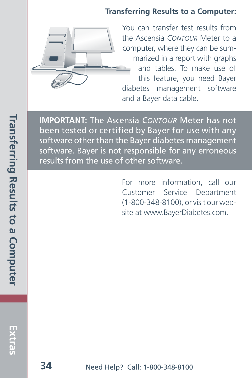 Extras 34, Transferring results to a computer | Bayer HealthCare CONTOUR Blood Glucose Meter and Ascensia CONTOURTM Test Strips User Manual | Page 36 / 43