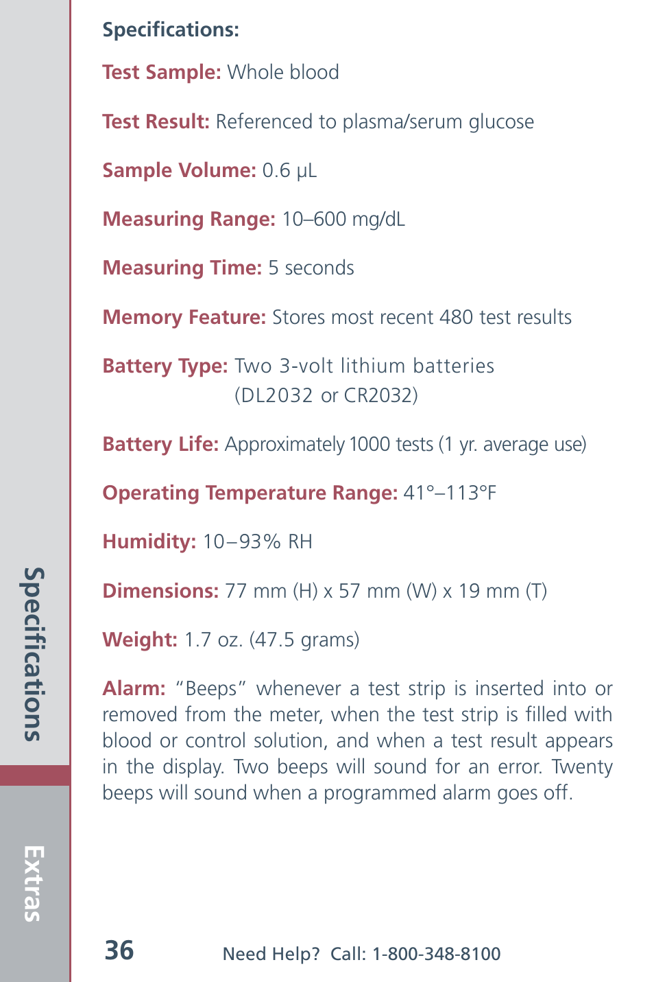 Extras 36, Specifi cations | Bayer HealthCare CONTOUR Blood Glucose Meter and Ascensia CONTOURTM Test Strips User Manual | Page 38 / 43