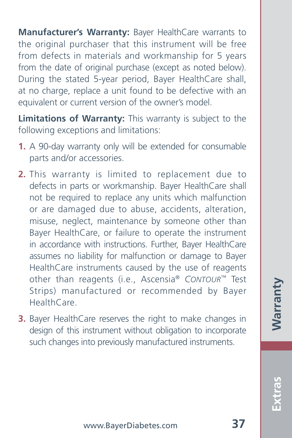Extras 37, Warranty | Bayer HealthCare CONTOUR Blood Glucose Meter and Ascensia CONTOURTM Test Strips User Manual | Page 39 / 43