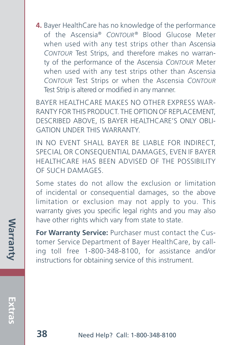 Extras 38, Warranty | Bayer HealthCare CONTOUR Blood Glucose Meter and Ascensia CONTOURTM Test Strips User Manual | Page 40 / 43