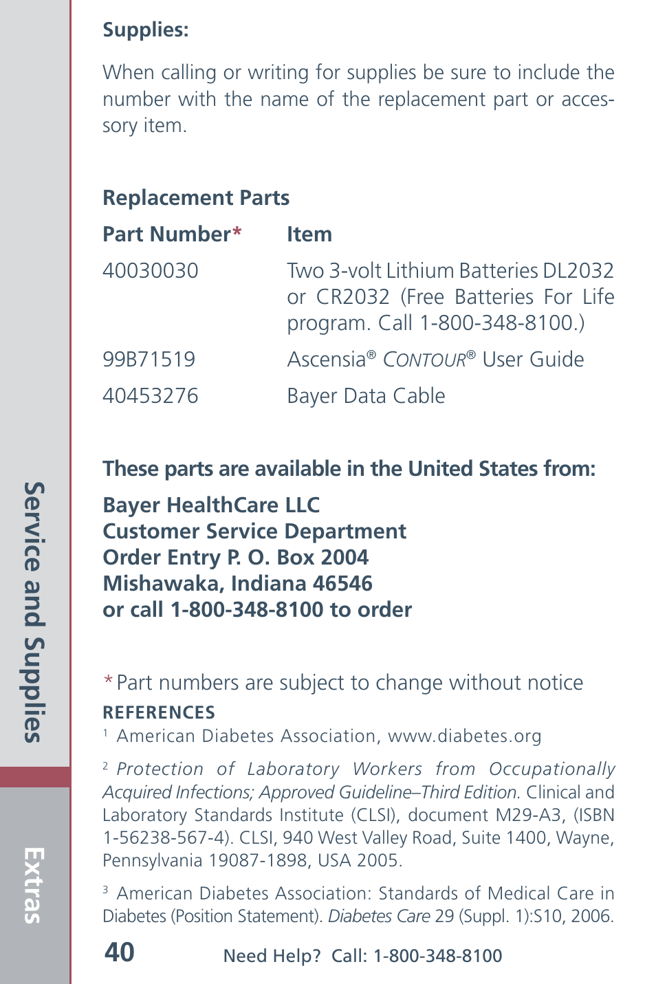 Extras 40, Service and supplies | Bayer HealthCare CONTOUR Blood Glucose Meter and Ascensia CONTOURTM Test Strips User Manual | Page 42 / 43