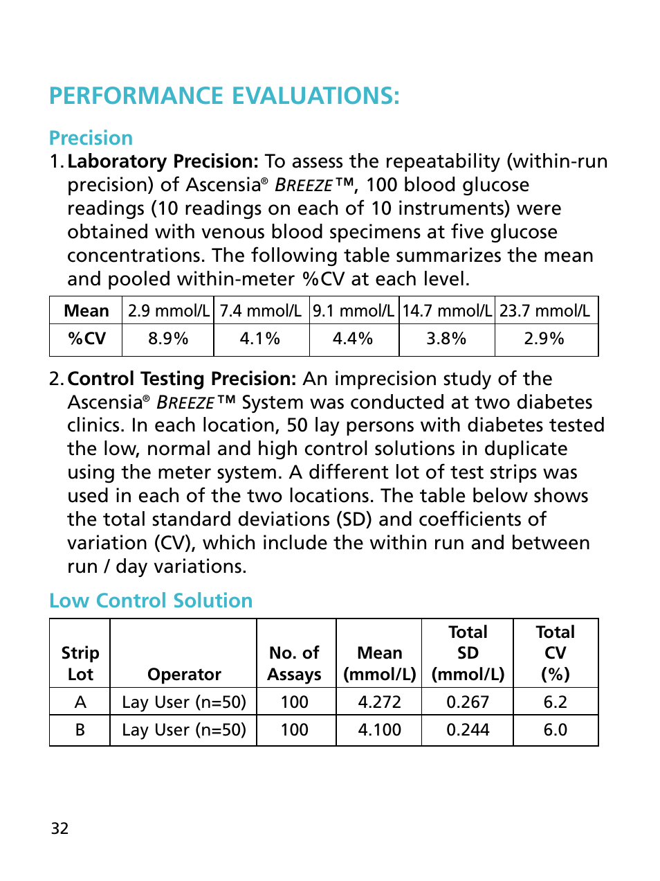 Performance evaluations, Precision, Low control solution | Bayer HealthCare Ascensia BREEZE and Ascensia AUTODISCTM Unique 10-Test Disc User Manual | Page 38 / 55