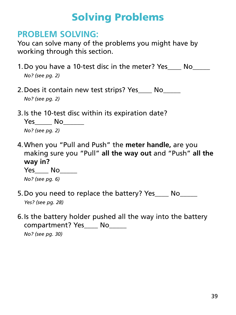 Solving problems, Problem solving | Bayer HealthCare Ascensia BREEZE and Ascensia AUTODISCTM Unique 10-Test Disc User Manual | Page 45 / 55