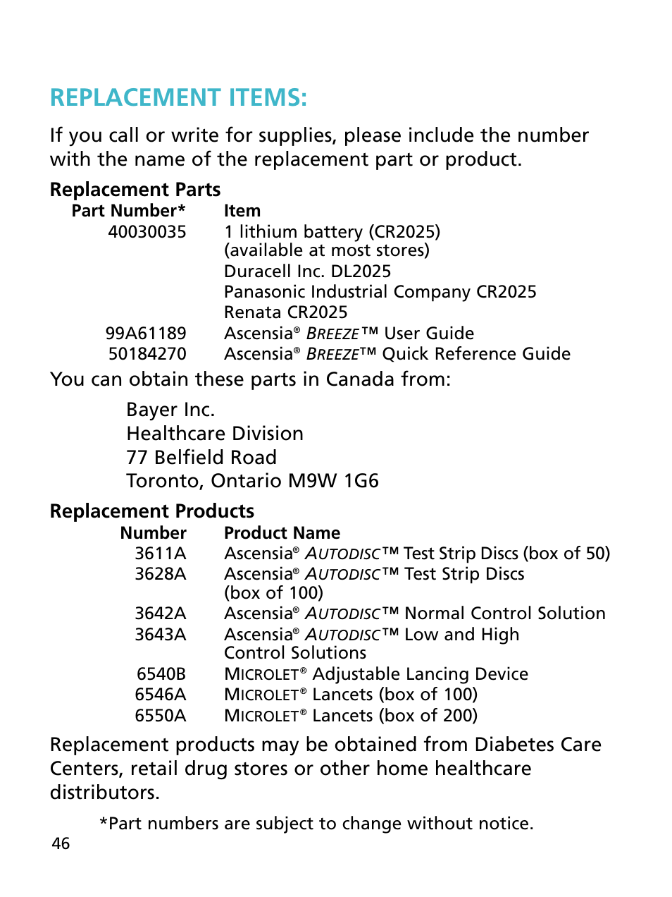 Replacement items | Bayer HealthCare Ascensia BREEZE and Ascensia AUTODISCTM Unique 10-Test Disc User Manual | Page 52 / 55