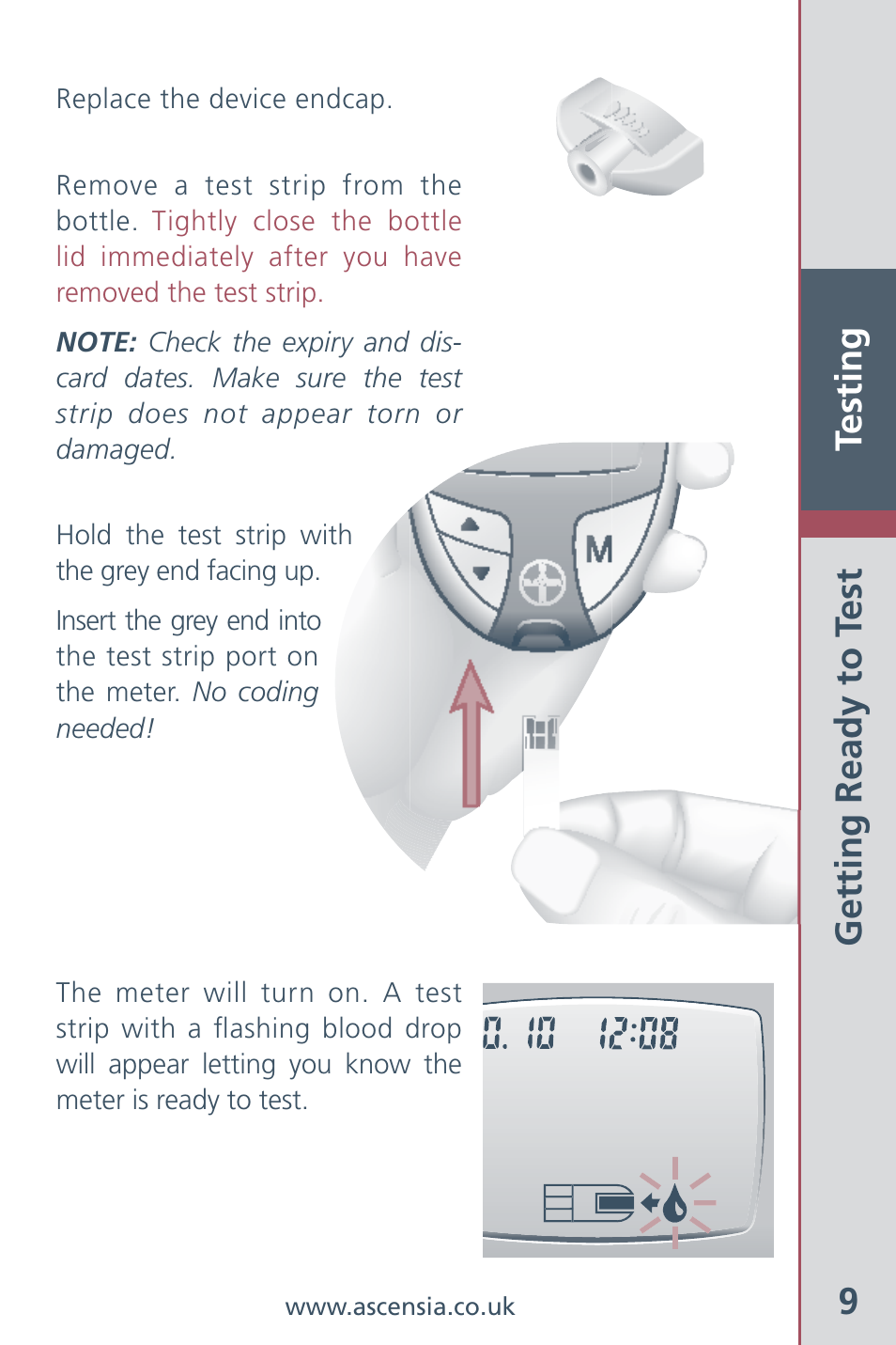 Testing 9, Getting ready to t est | Bayer HealthCare Ascensia Contour Blood Glucose Meter User Manual | Page 11 / 44