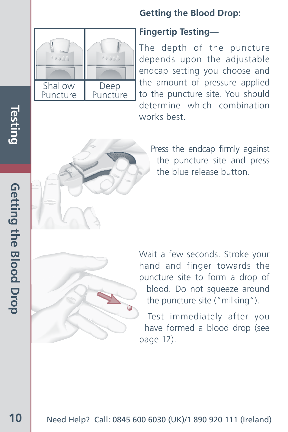 Testing 10, Getting the blood dr op | Bayer HealthCare Ascensia Contour Blood Glucose Meter User Manual | Page 12 / 44