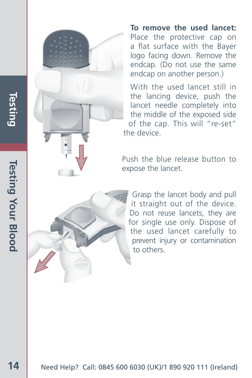 Testing 14, Testing y our blood | Bayer HealthCare Ascensia Contour Blood Glucose Meter User Manual | Page 16 / 44