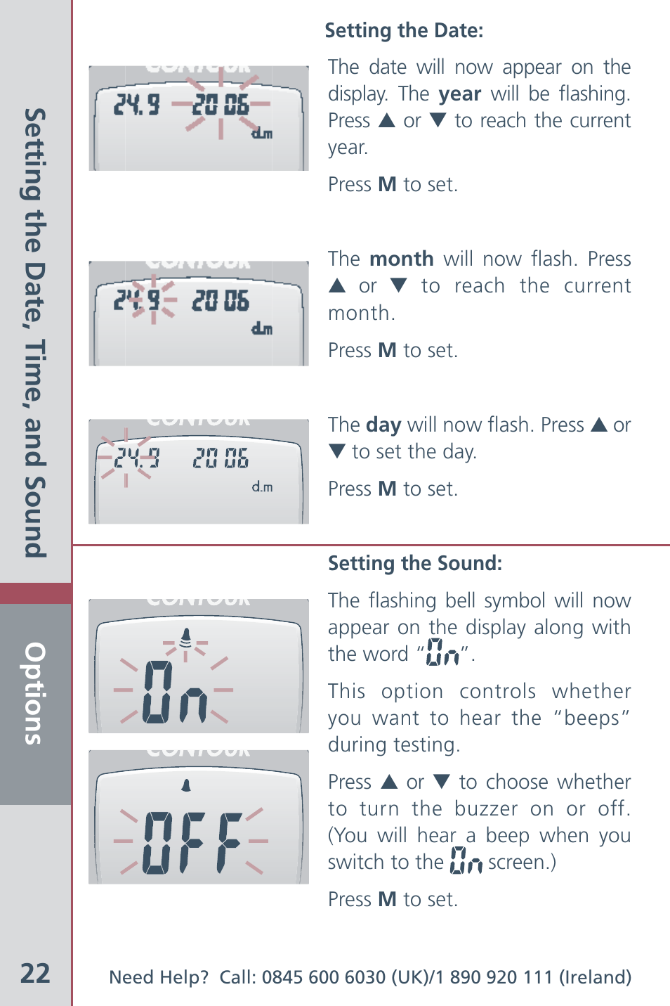 Options 22, Setting the date, time, and sound | Bayer HealthCare Ascensia Contour Blood Glucose Meter User Manual | Page 24 / 44
