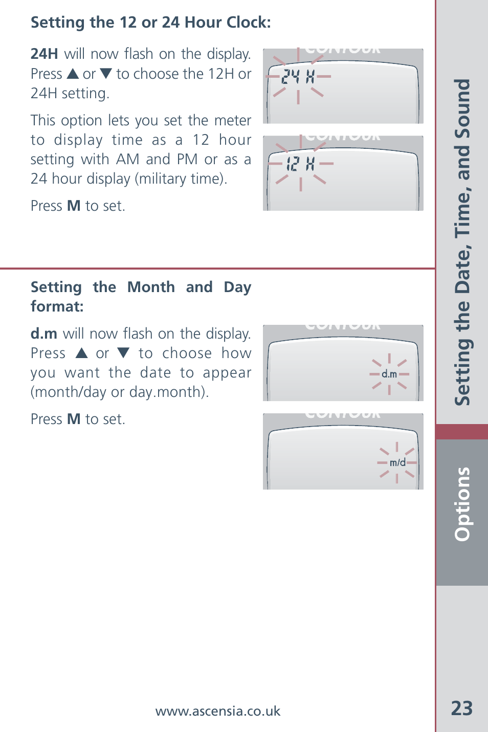 Options 23, Setting the date, time, and sound | Bayer HealthCare Ascensia Contour Blood Glucose Meter User Manual | Page 25 / 44