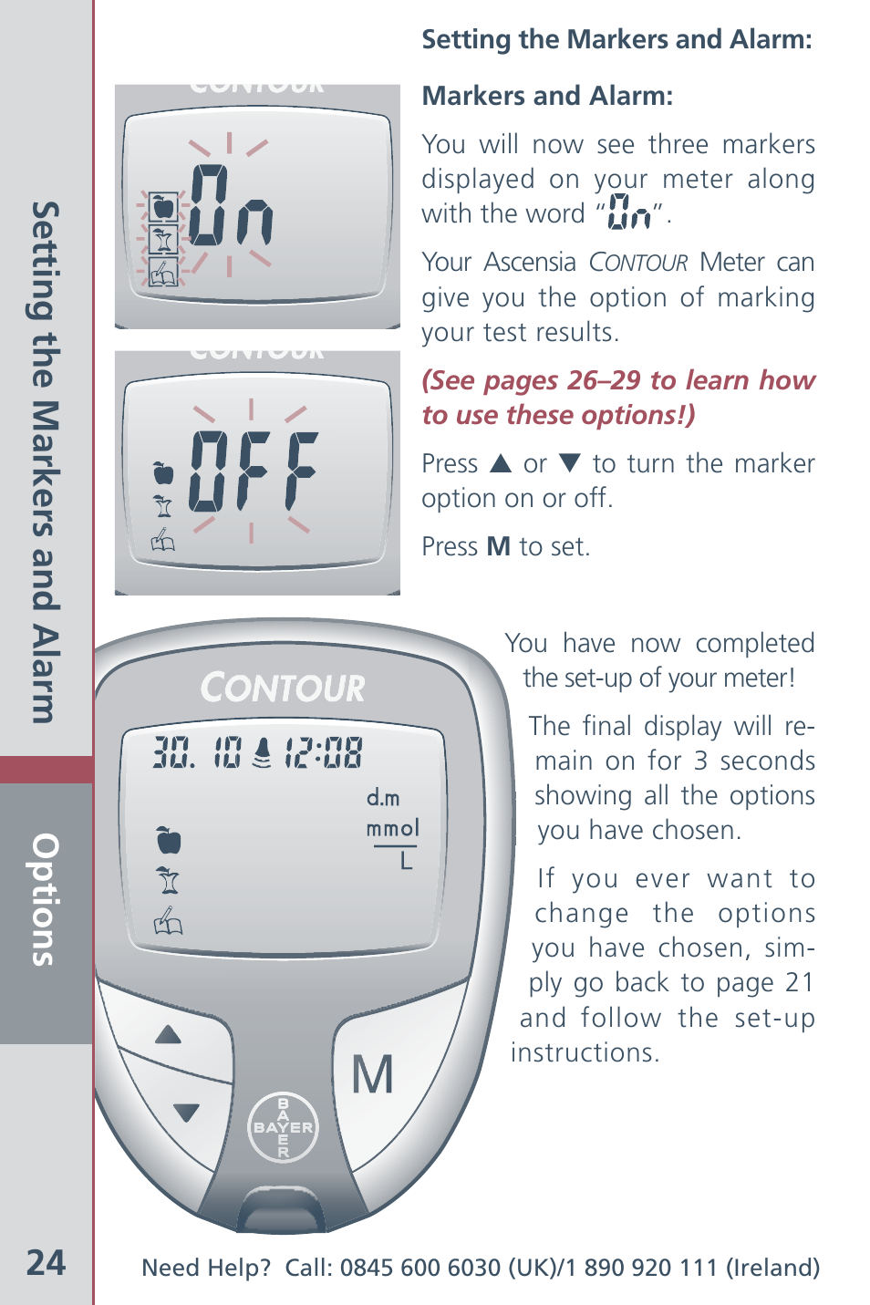 Options 24, Setting the markers and alarm | Bayer HealthCare Ascensia Contour Blood Glucose Meter User Manual | Page 26 / 44