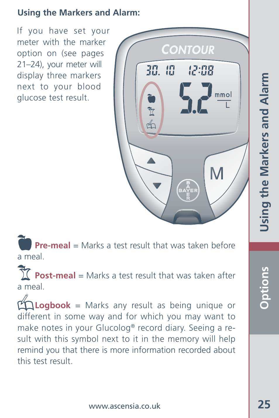 Options 25, Using the markers and alarm | Bayer HealthCare Ascensia Contour Blood Glucose Meter User Manual | Page 27 / 44