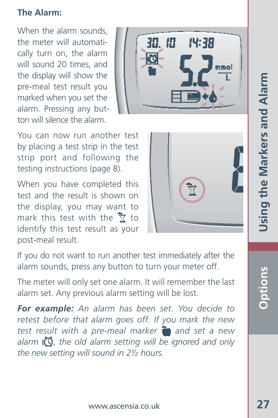 Options 27, Using the markers and alarm | Bayer HealthCare Ascensia Contour Blood Glucose Meter User Manual | Page 29 / 44