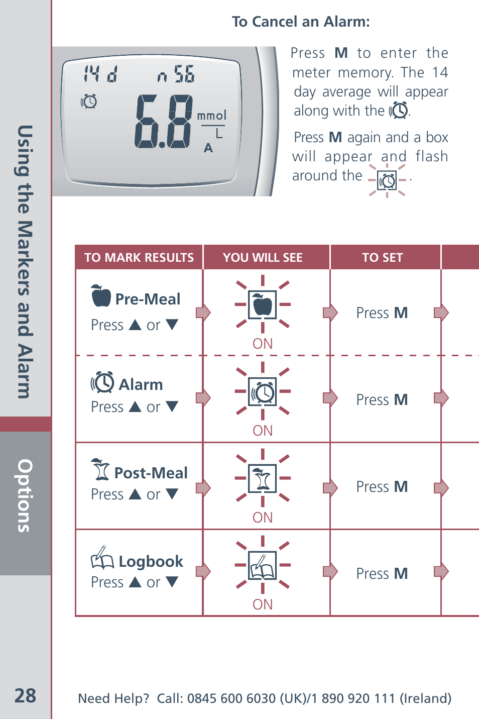 Options 28, Using the markers and alarm | Bayer HealthCare Ascensia Contour Blood Glucose Meter User Manual | Page 30 / 44