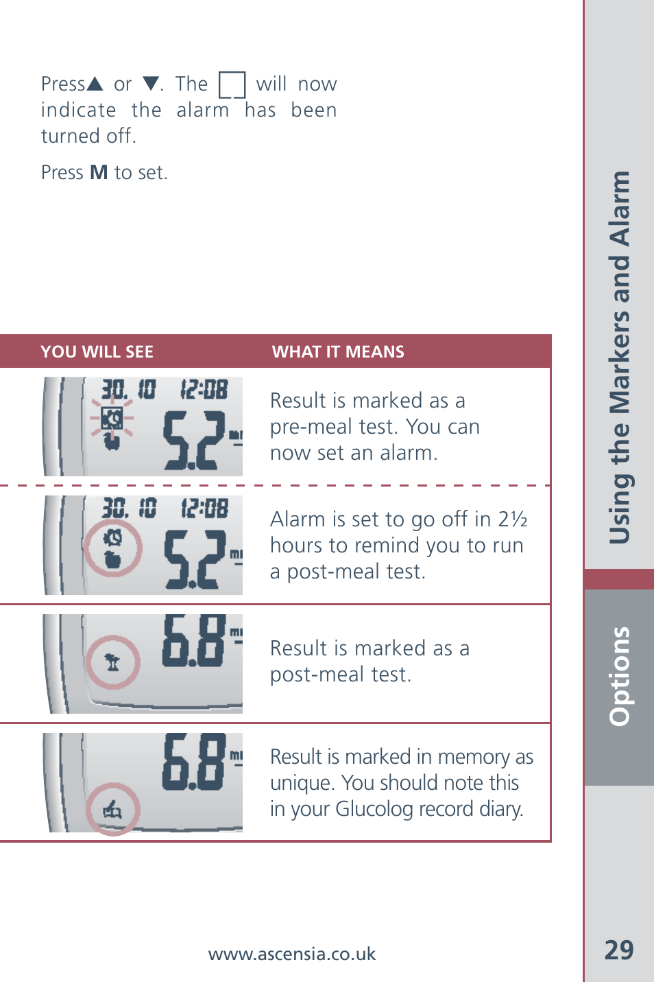 Options 29, Using the markers and alarm | Bayer HealthCare Ascensia Contour Blood Glucose Meter User Manual | Page 31 / 44