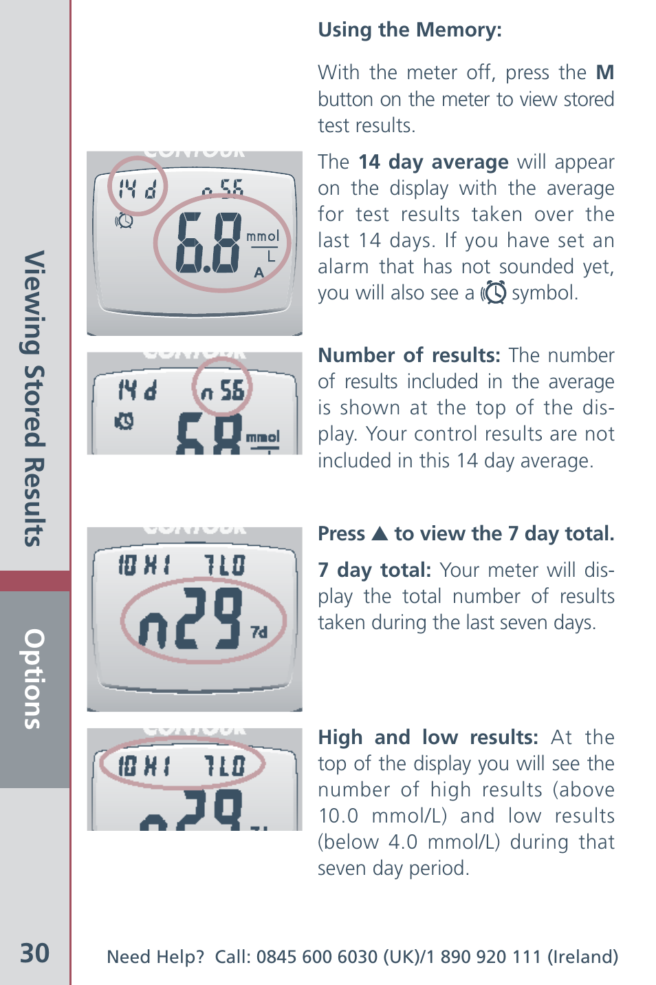 Options 30, Viewing stor ed results | Bayer HealthCare Ascensia Contour Blood Glucose Meter User Manual | Page 32 / 44