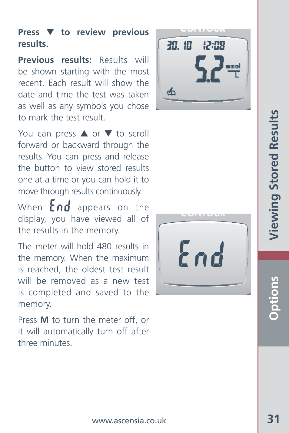 Options 31, Viewing stor ed results | Bayer HealthCare Ascensia Contour Blood Glucose Meter User Manual | Page 33 / 44