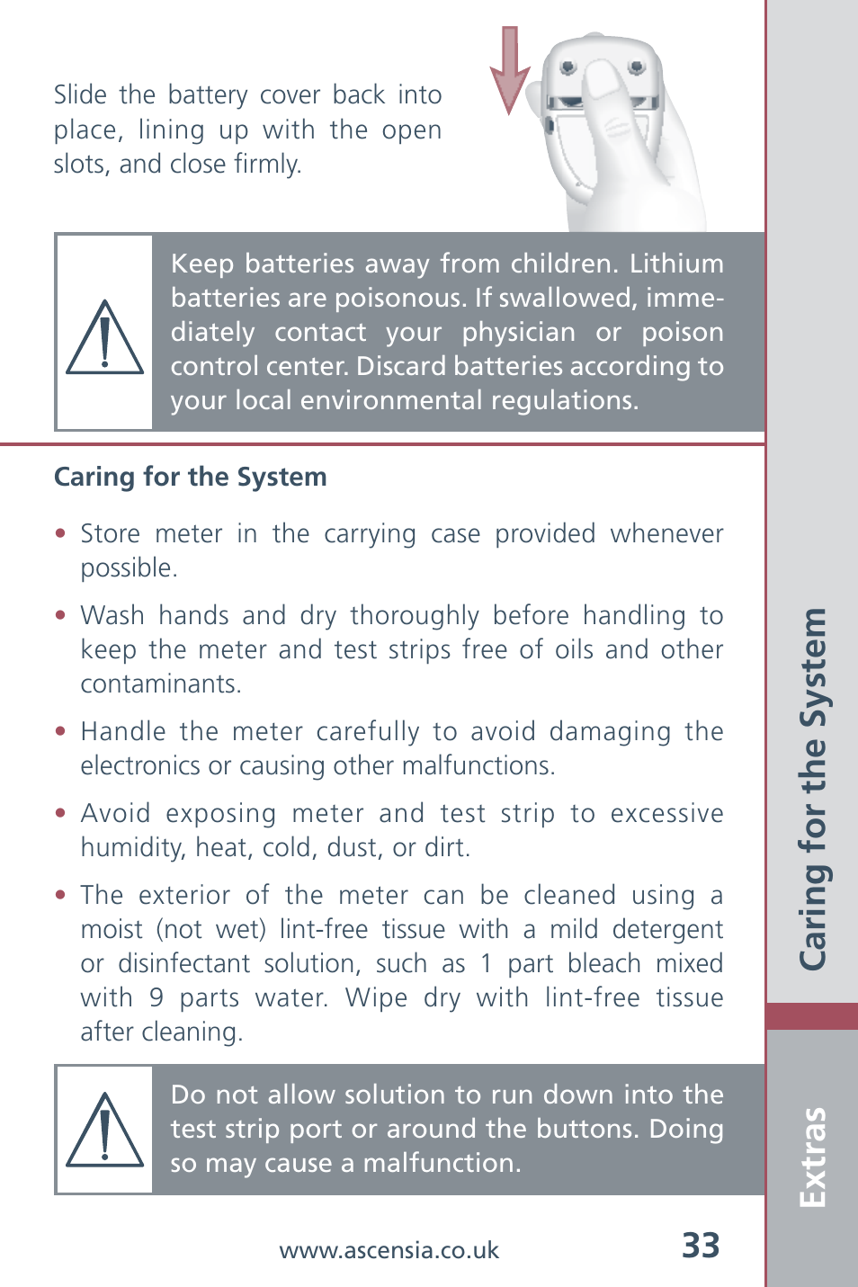 Extras 33, Caring for the system | Bayer HealthCare Ascensia Contour Blood Glucose Meter User Manual | Page 35 / 44