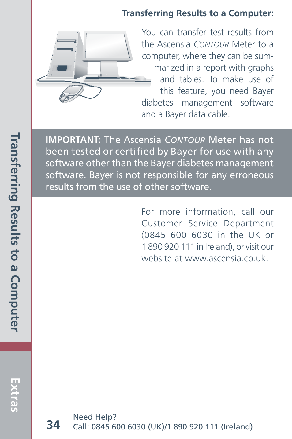 Extras 34, Transferring results to a computer | Bayer HealthCare Ascensia Contour Blood Glucose Meter User Manual | Page 36 / 44