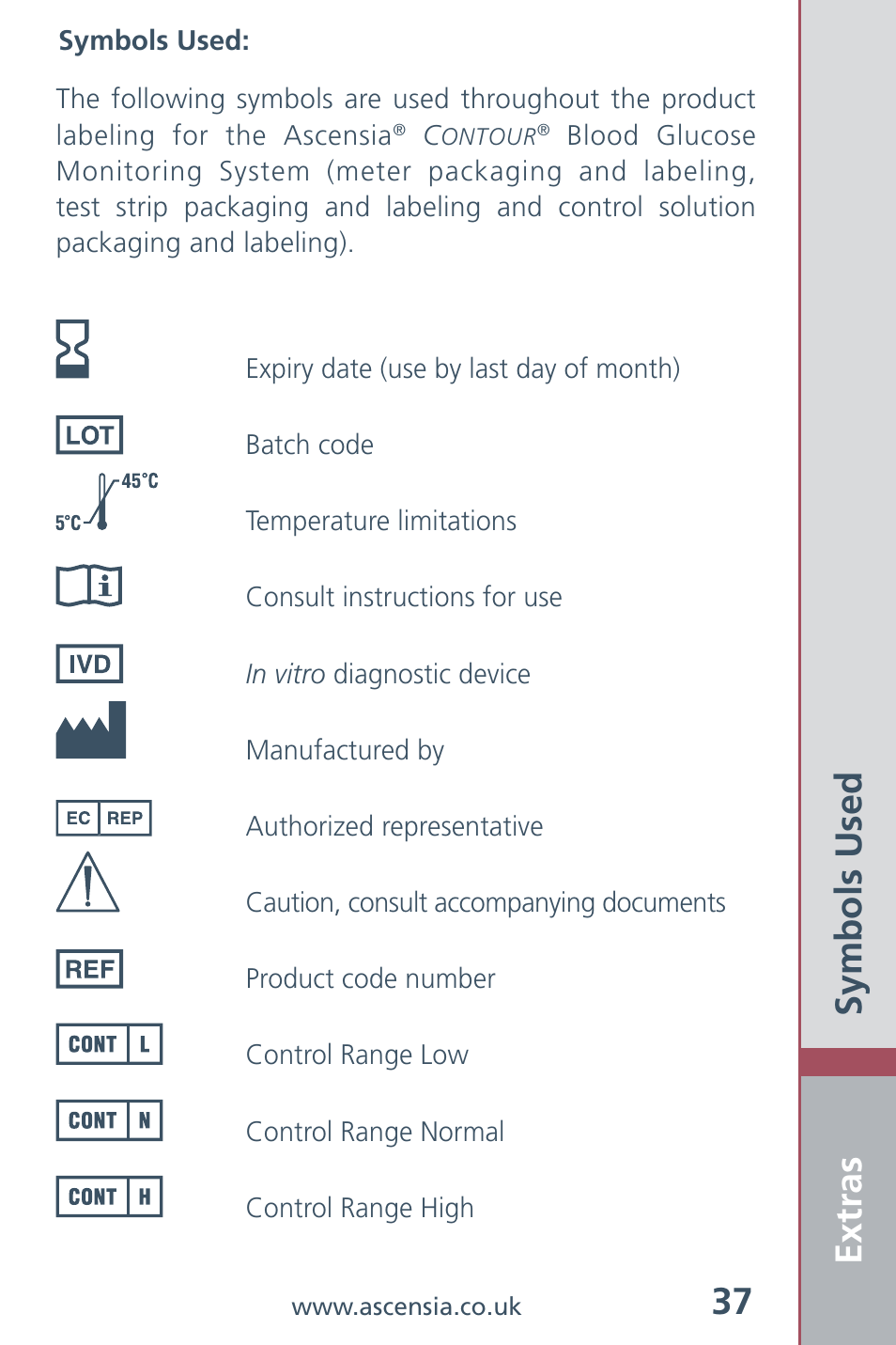 Extras 37, Symbols used | Bayer HealthCare Ascensia Contour Blood Glucose Meter User Manual | Page 39 / 44