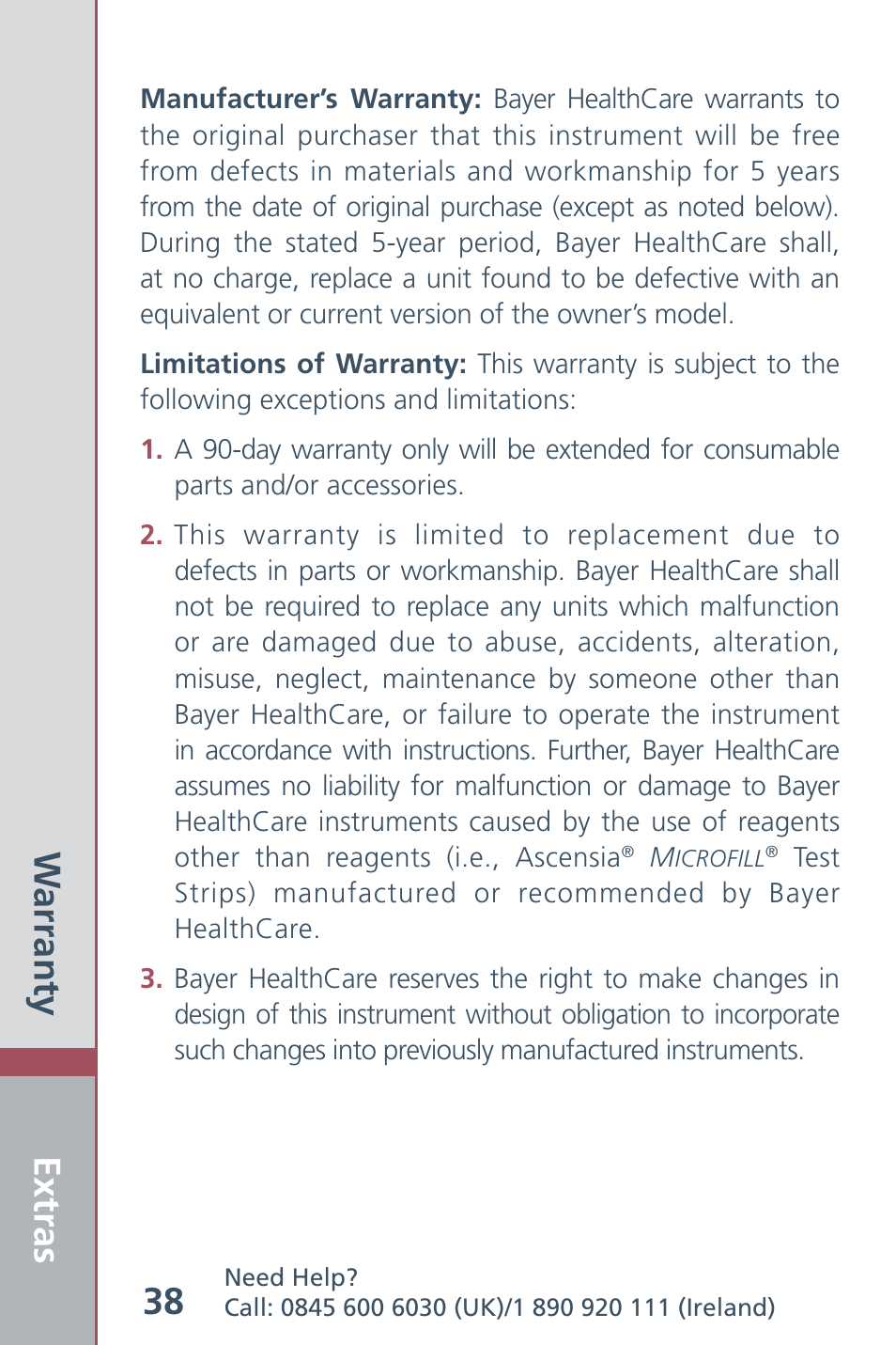 Extras 38, Warranty | Bayer HealthCare Ascensia Contour Blood Glucose Meter User Manual | Page 40 / 44