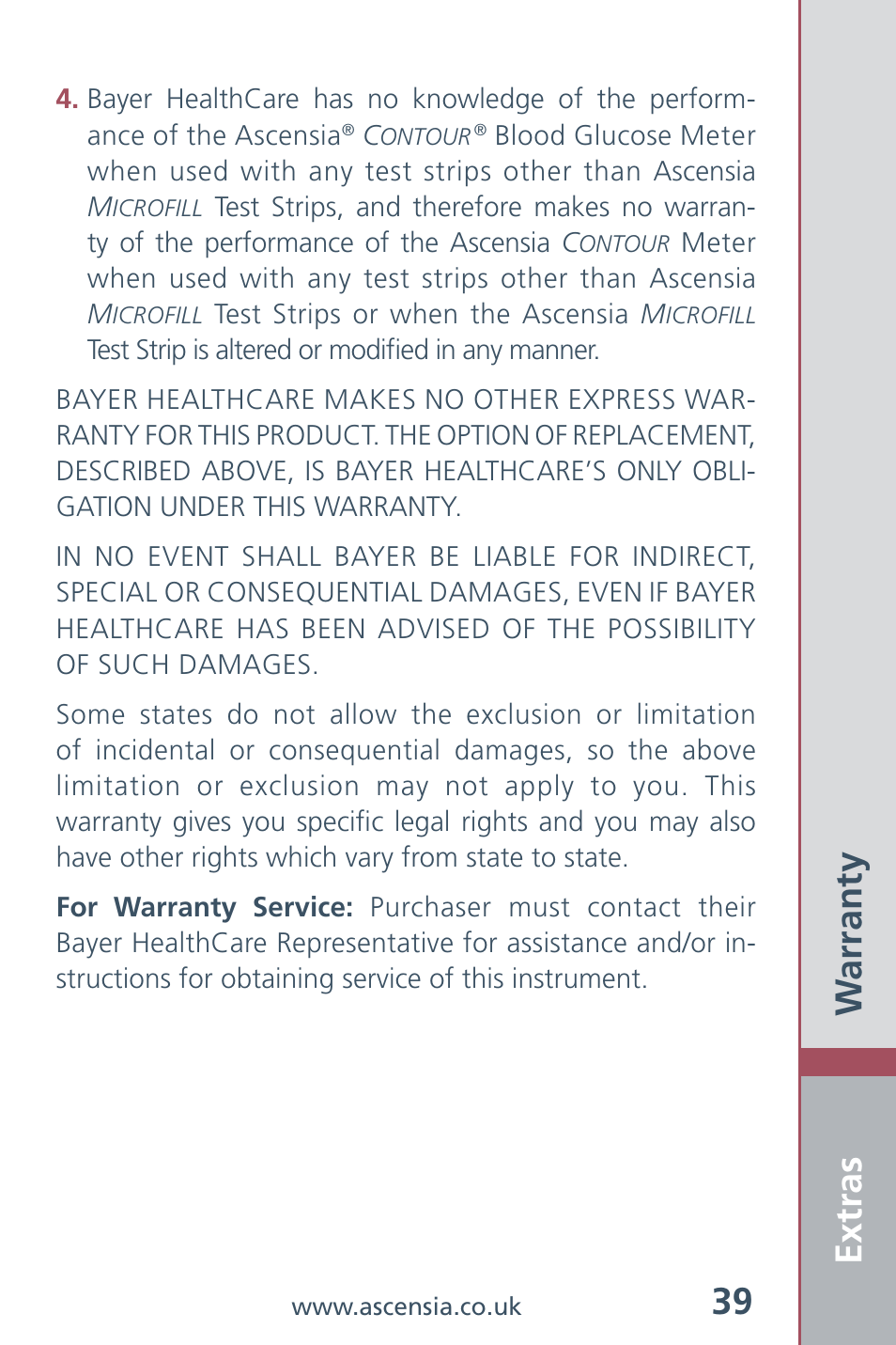 Extras 39, Warranty | Bayer HealthCare Ascensia Contour Blood Glucose Meter User Manual | Page 41 / 44