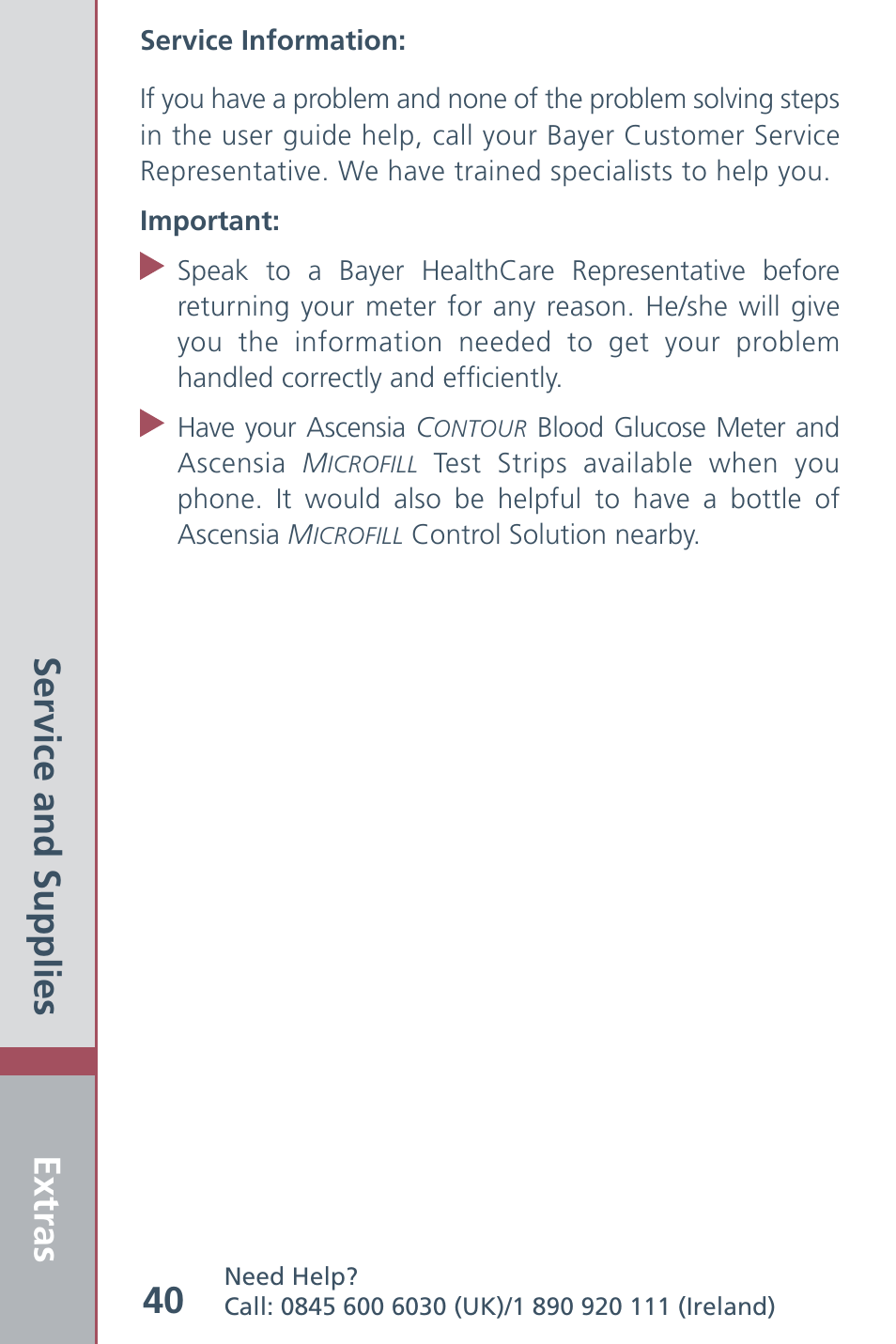 Extras 40, Service and supplies | Bayer HealthCare Ascensia Contour Blood Glucose Meter User Manual | Page 42 / 44