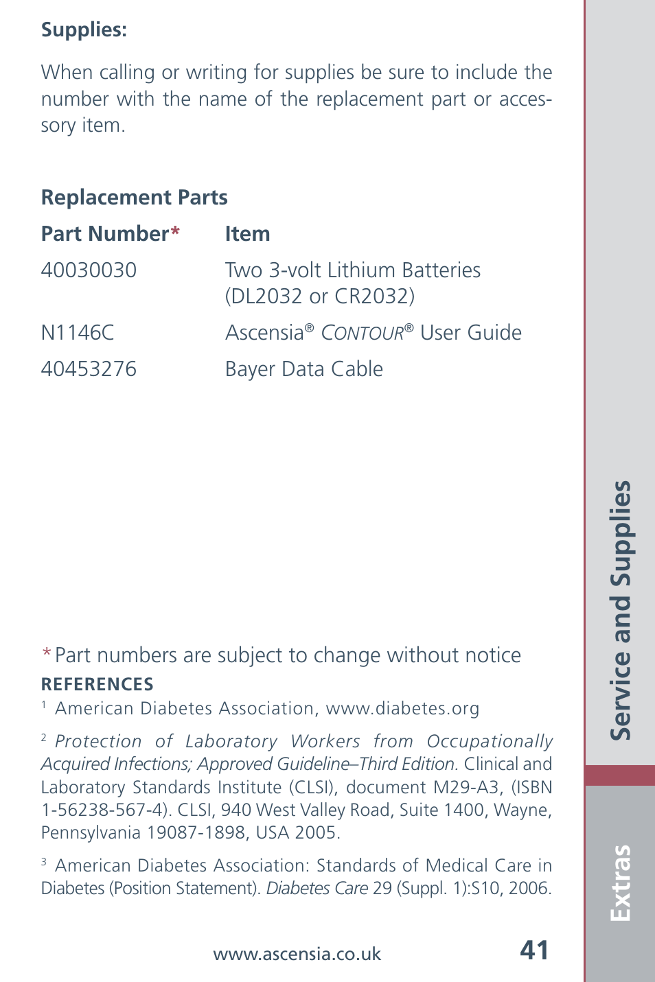 Extras 41, Service and supplies | Bayer HealthCare Ascensia Contour Blood Glucose Meter User Manual | Page 43 / 44