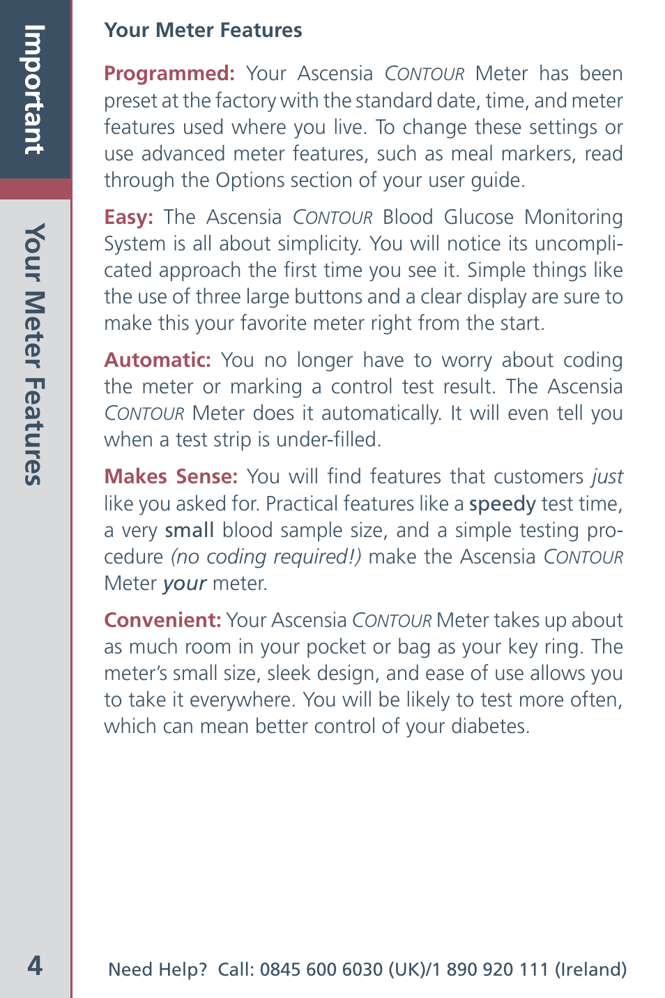 4important, Important your meter featur es | Bayer HealthCare Ascensia Contour Blood Glucose Meter User Manual | Page 6 / 44