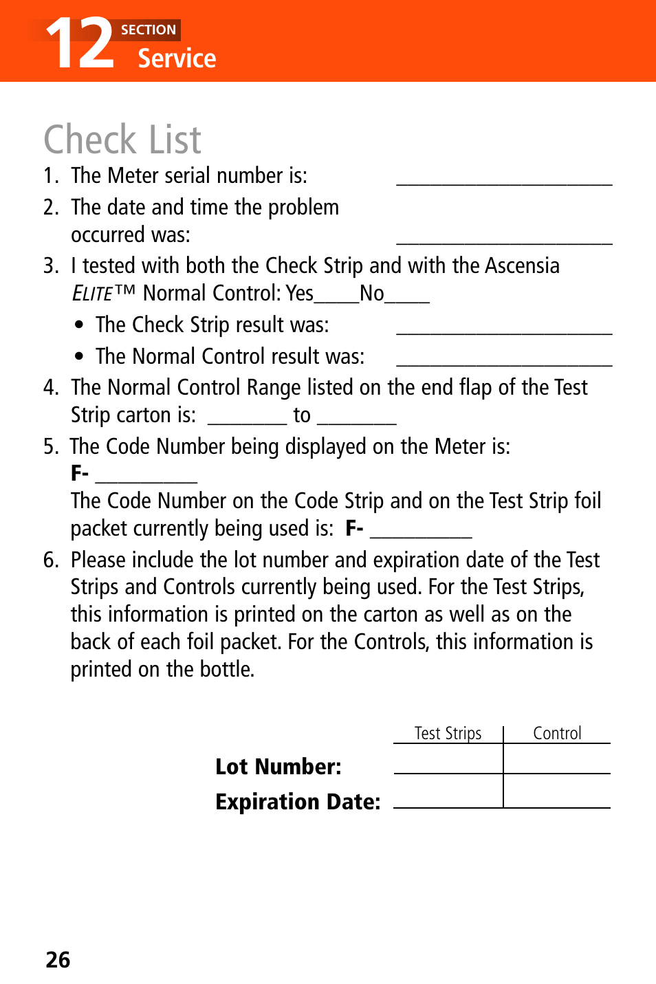 Check list, Service | Bayer HealthCare Ascensia Elite XL User Manual | Page 30 / 36