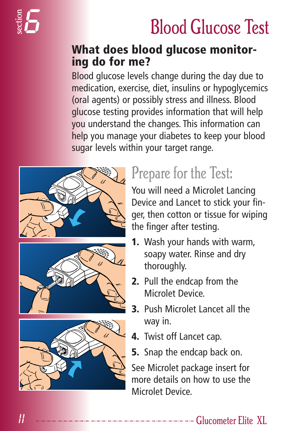 Blood glucose test, Prepare for the test | Bayer HealthCare Elite XL User Manual | Page 15 / 70