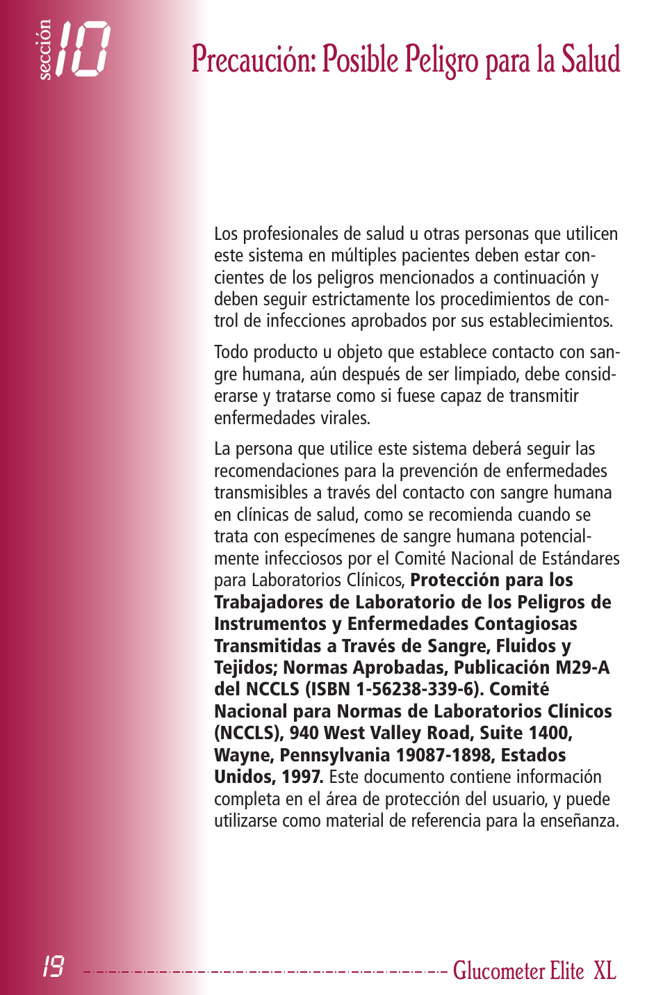 Precaución: posible peligro para la salud | Bayer HealthCare Elite XL User Manual | Page 58 / 70