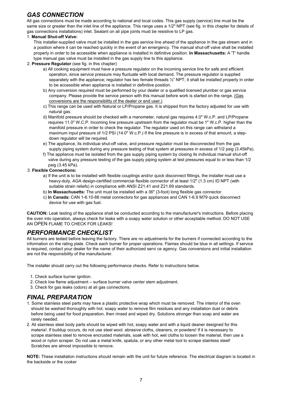 Gas connection, Performance checkllst, Final preparation | Bertazzoni Z36500X User Manual | Page 7 / 16