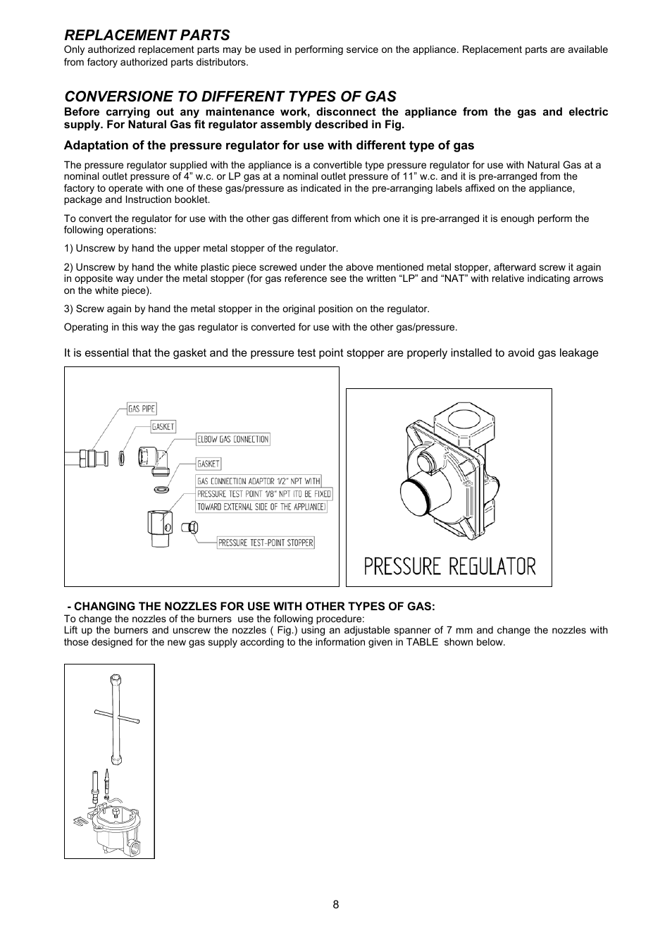 Replacement parts, Conversione to different types of gas | Bertazzoni Z36500X User Manual | Page 8 / 16