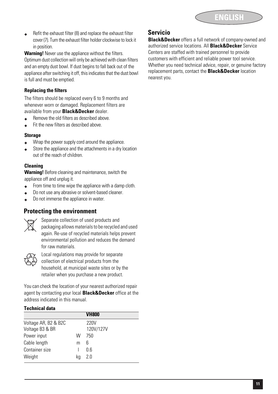 English, Protecting the environment, Servicio | Black & Decker 188214-00 User Manual | Page 11 / 13