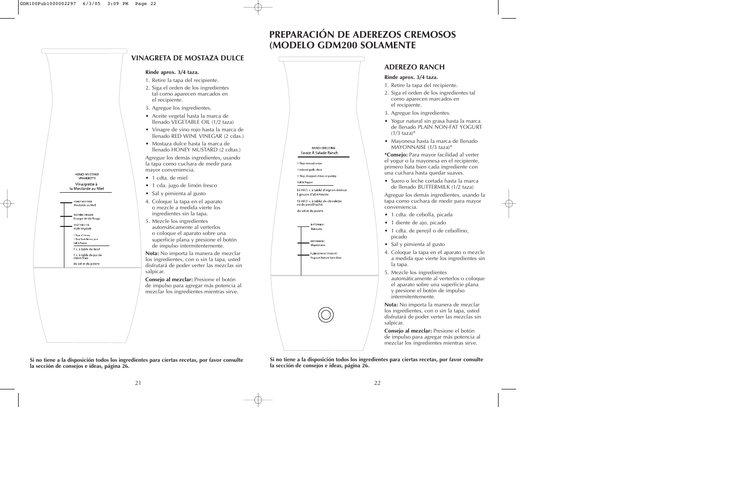 Aderezo ranch, Vinagreta de mostaza dulce | Black & Decker GDM100 User Manual | Page 12 / 23