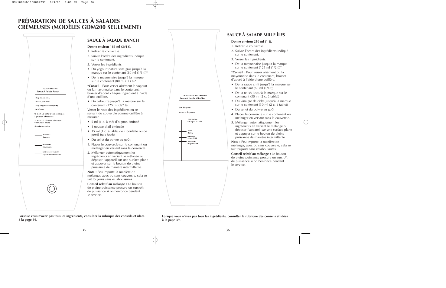 Sauce à salade ranch, Sauce à salade mille-îles | Black & Decker GDM100 User Manual | Page 19 / 23