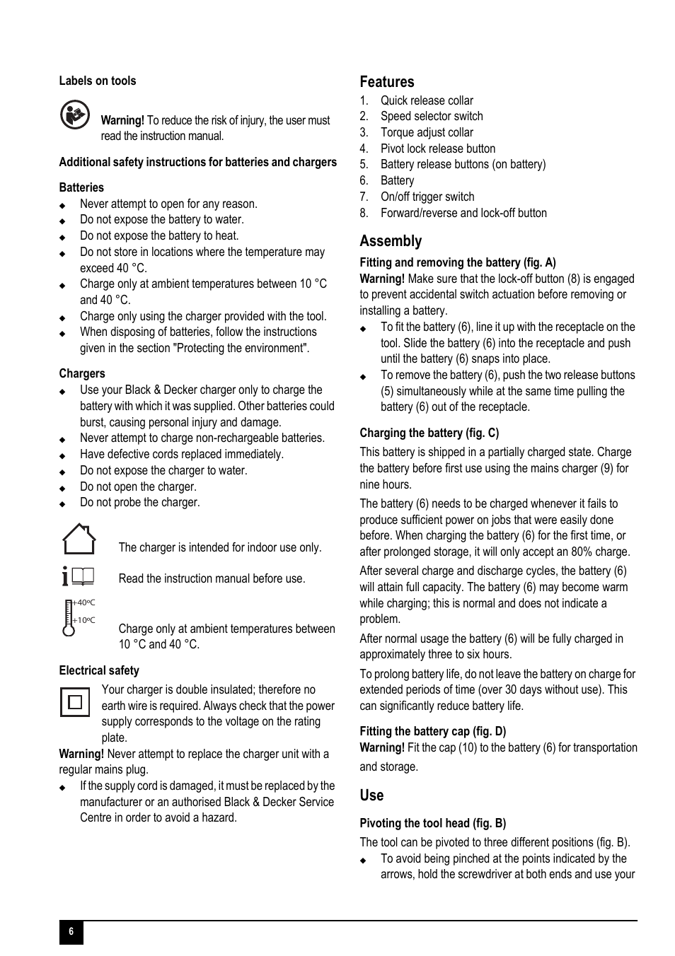 Features, Assembly | Black & Decker 90528103 User Manual | Page 6 / 12