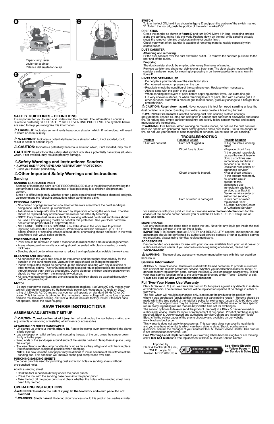 Save these instructions, Safety warnings and instructions: sanders, Other important safety warnings and instructions | Black & Decker 90533144 User Manual | Page 2 / 6