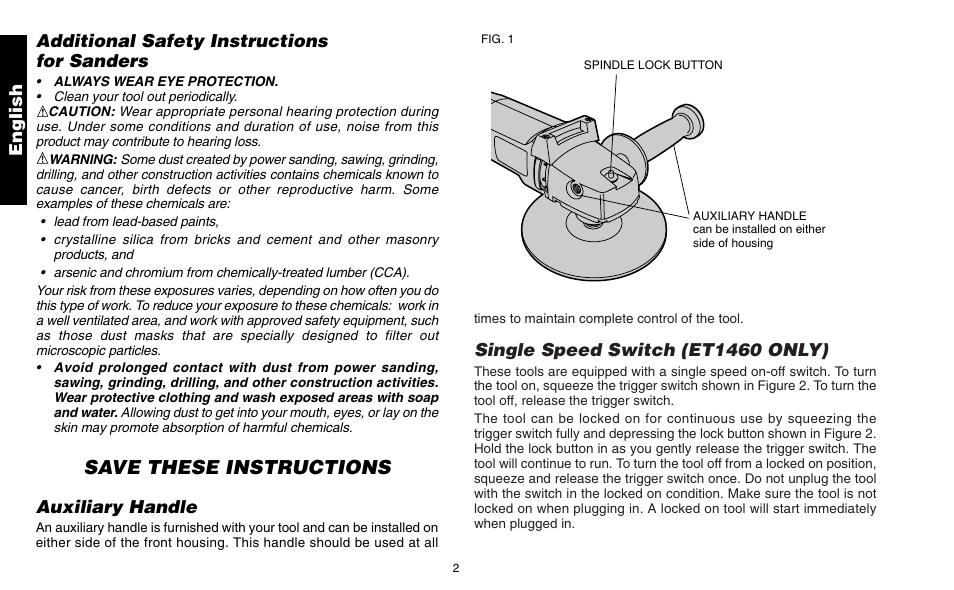 Save these instructions, Single speed switch (et1460 only), Additional safety instructions for sanders | Auxiliary handle, English | Snap-On ET 1460 User Manual | Page 6 / 28