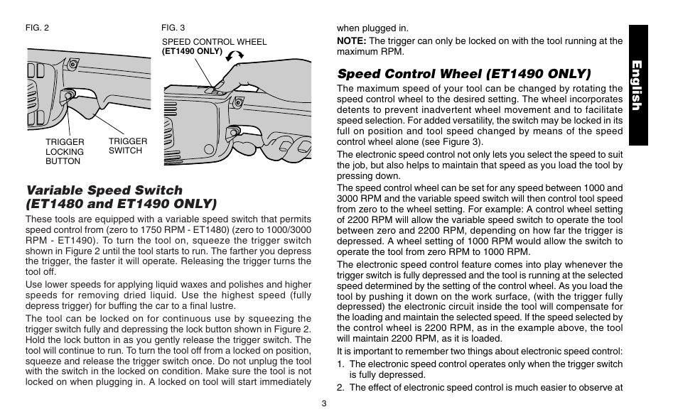 English, Speed control wheel (et1490 only) | Snap-On ET 1460 User Manual | Page 7 / 28